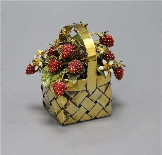A modern Cartier silver gilt and enamel basket of strawberries table ornament, signed Cartier, 85mm.